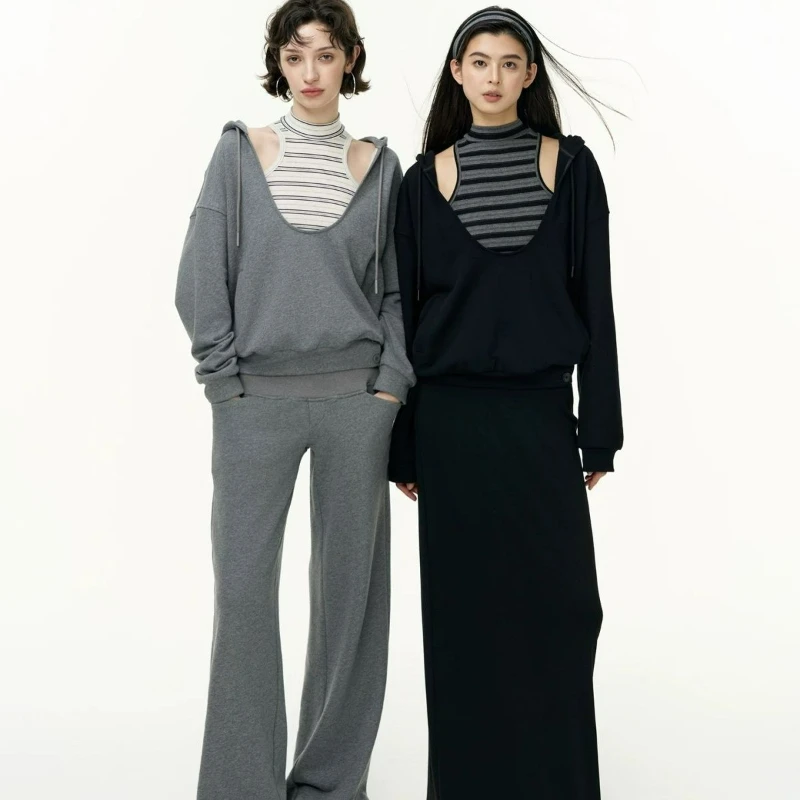 2026 Spring and Autumn New Style Fashion Two-piece Set for Women Pure Cotton U-neck Layering Hooded Sweatshirt + Striped Vest