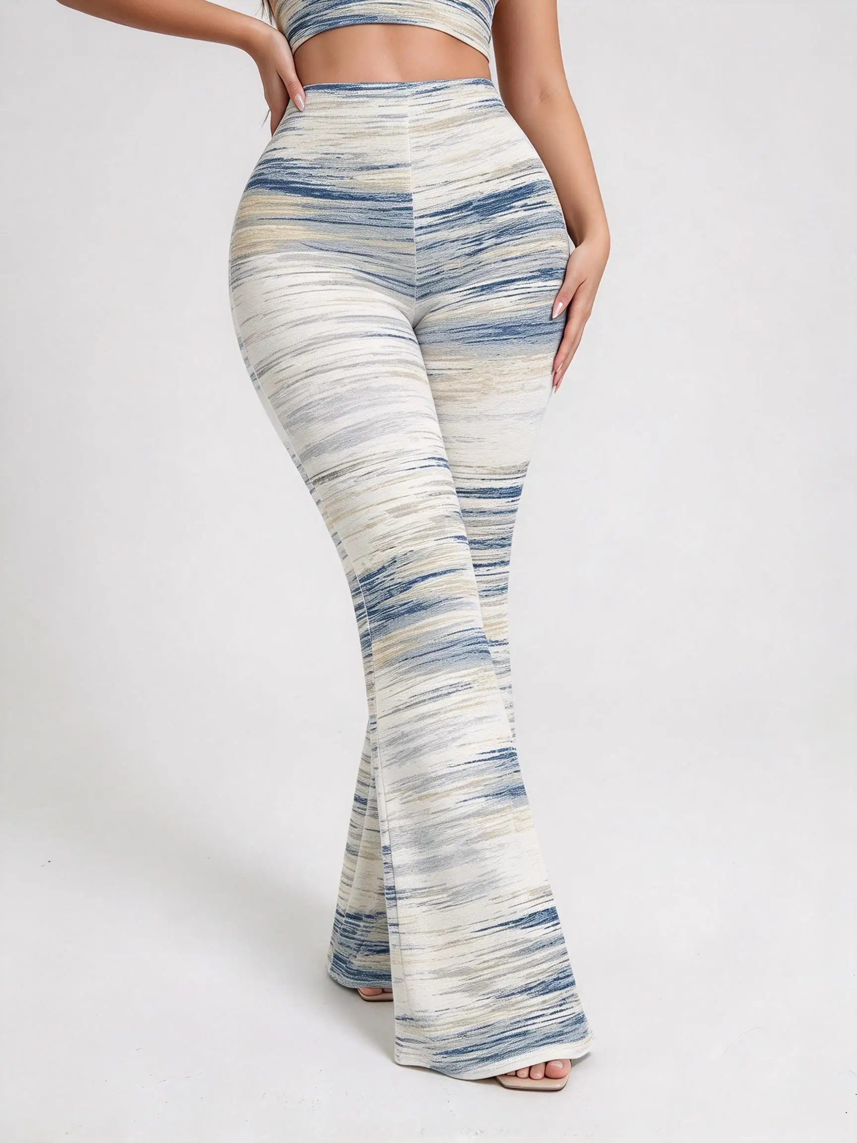 Mid Waist Gradient Stripe Print Flared Pants for Women, High Stretch Butt Lifting Bell Bottom Trousers