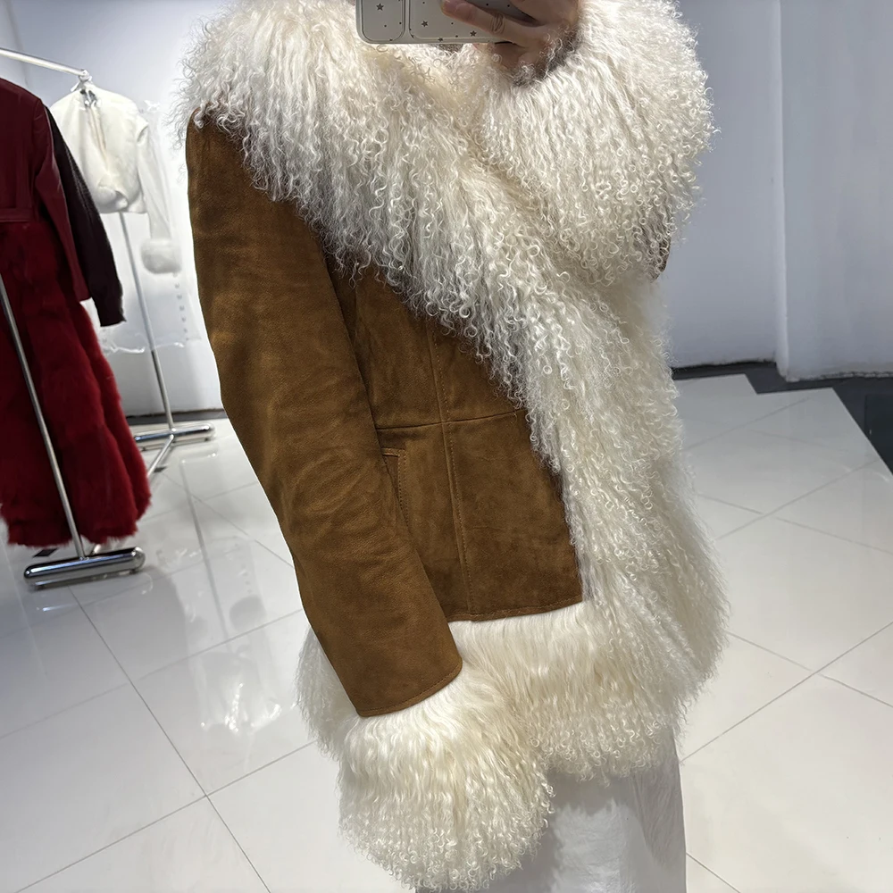 YOLOAgain Real Mongolia Sheep Fur Collar Real Leather Jacket Coat Women