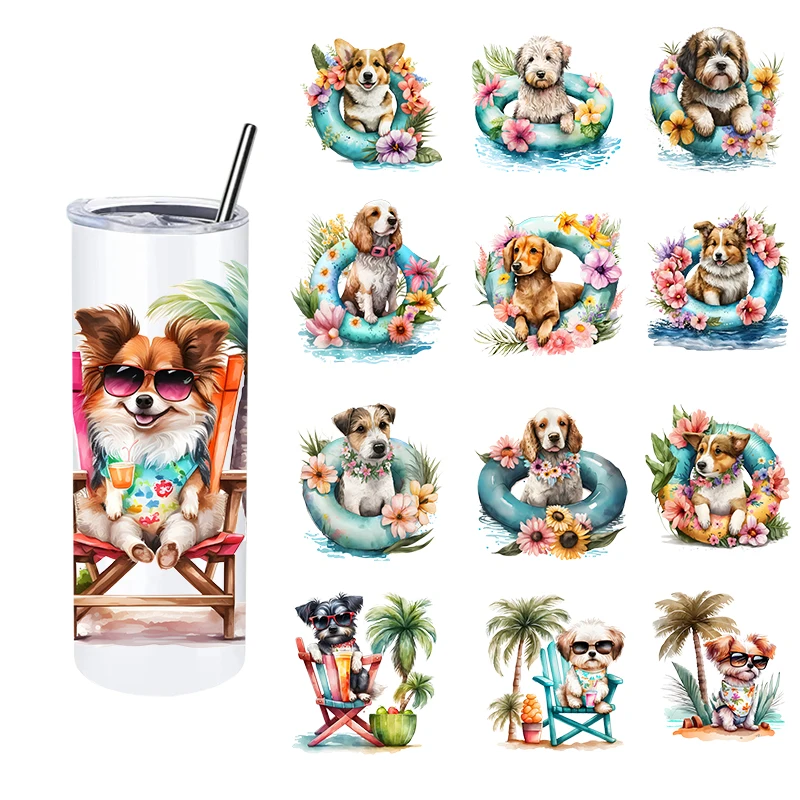 LETOP 1PCS Summer Swimming Holiday Dogs 20oz Uv Dtf Wraps Dtf Transfer Print Swimming Dogs Waterproof Sticker For Glass