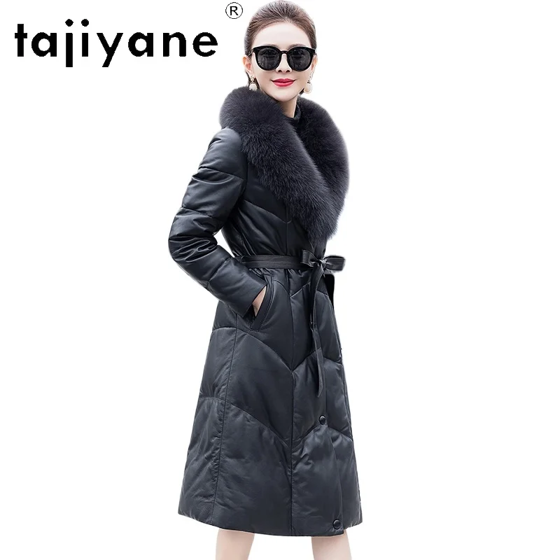 TAJIYANE Pufferjacke aus echtem Schaffell für Damen, Fuchspelzkragen, weißer Gänsedaunenmantel, echte Lederjacken, 2025, Damenbekleidung