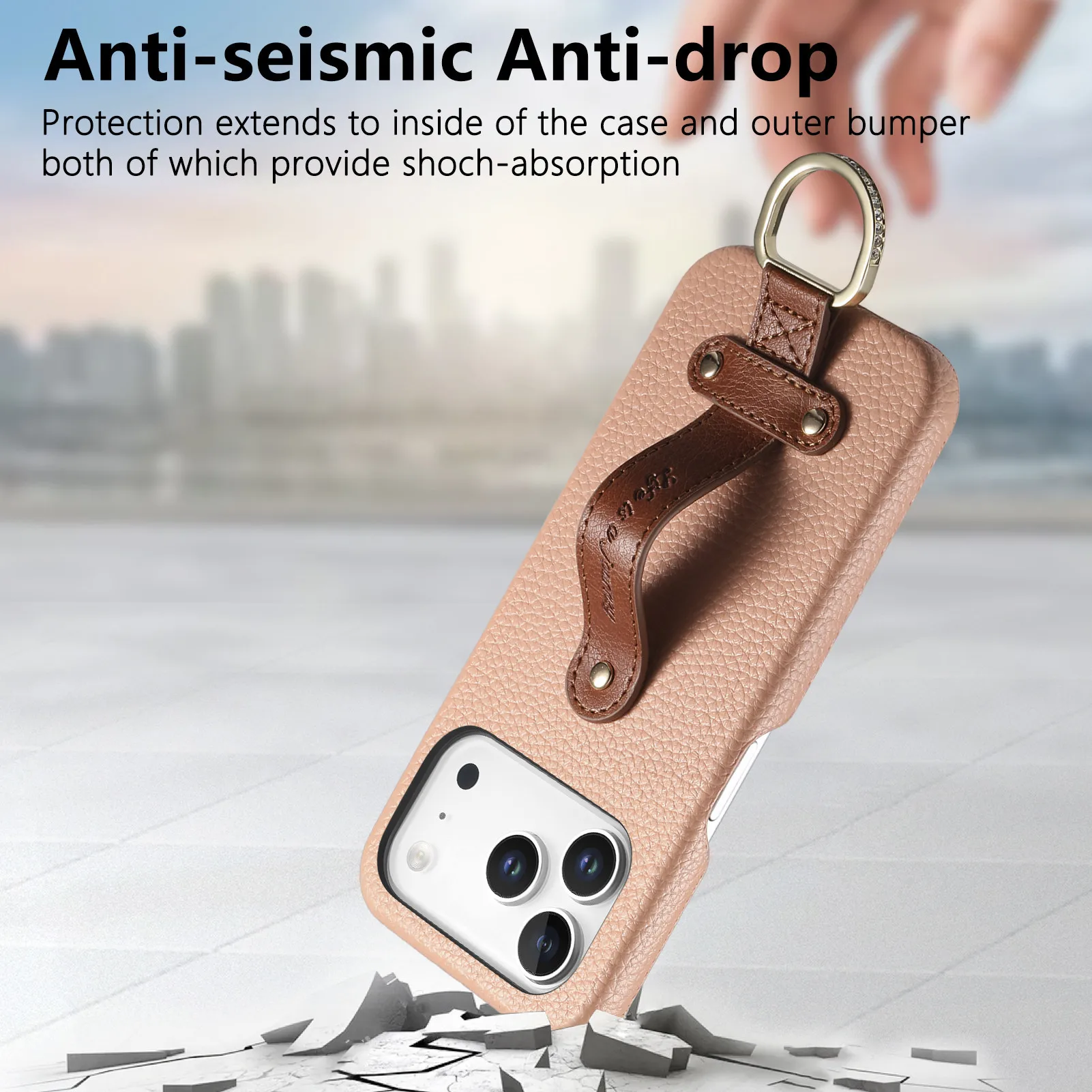Fashion Lychee Textured Leather Wrist Strap Ring Phone Case For iPhone 17 Pro Max 16 Plus 15 14 13 12 Shockproof Portable cover - view 2