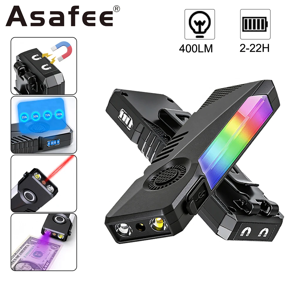 Asafee K02 Rechargeble Flashlight With Magnet 400LM 11 Modes UV Detection RGB Waterproof EDC Small Torch For Camping Emergency