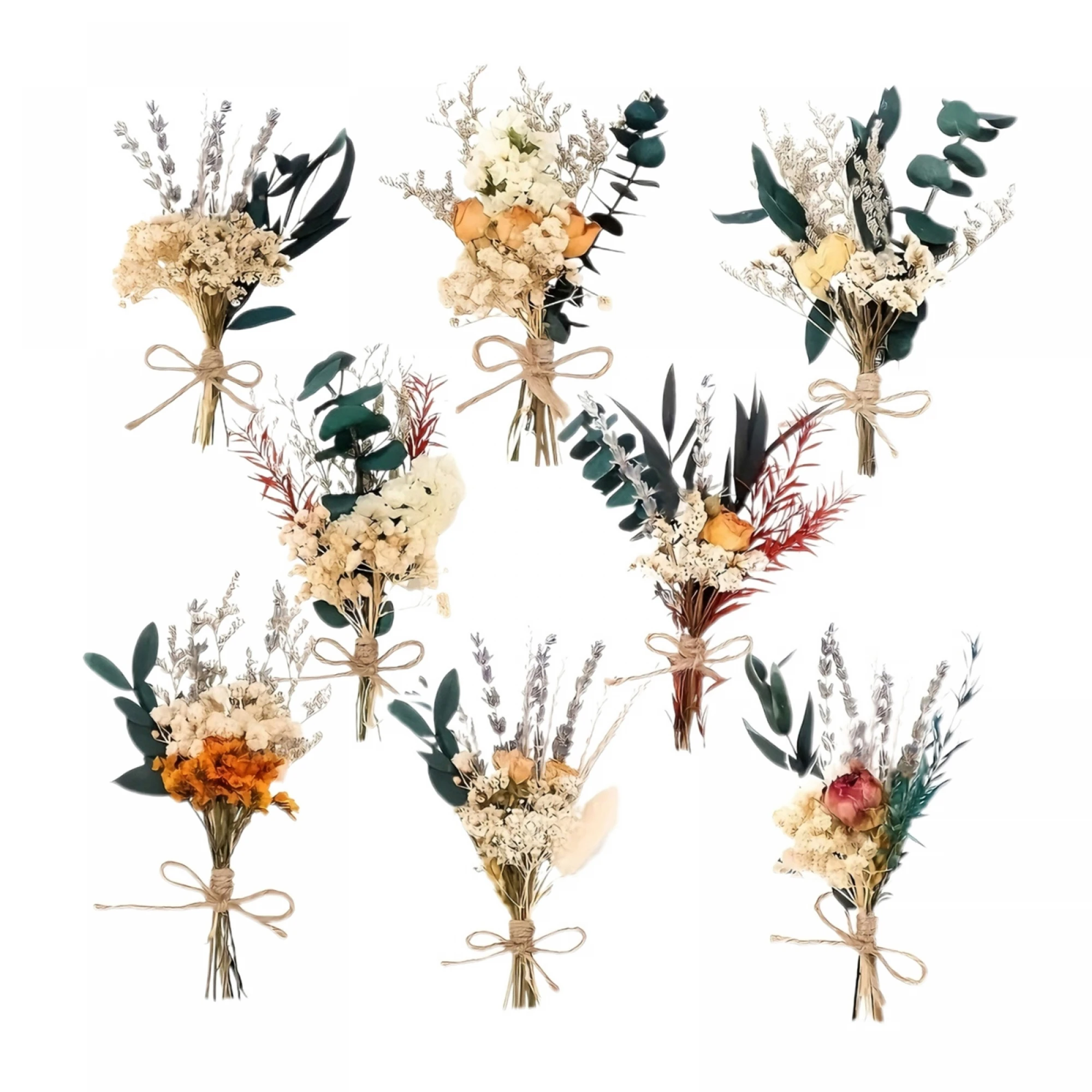 

Set of 8 Mini Dried Flower Bouquets with Various Styles Perfect for Wedding Decor DIY Crafts and Party Arrangements