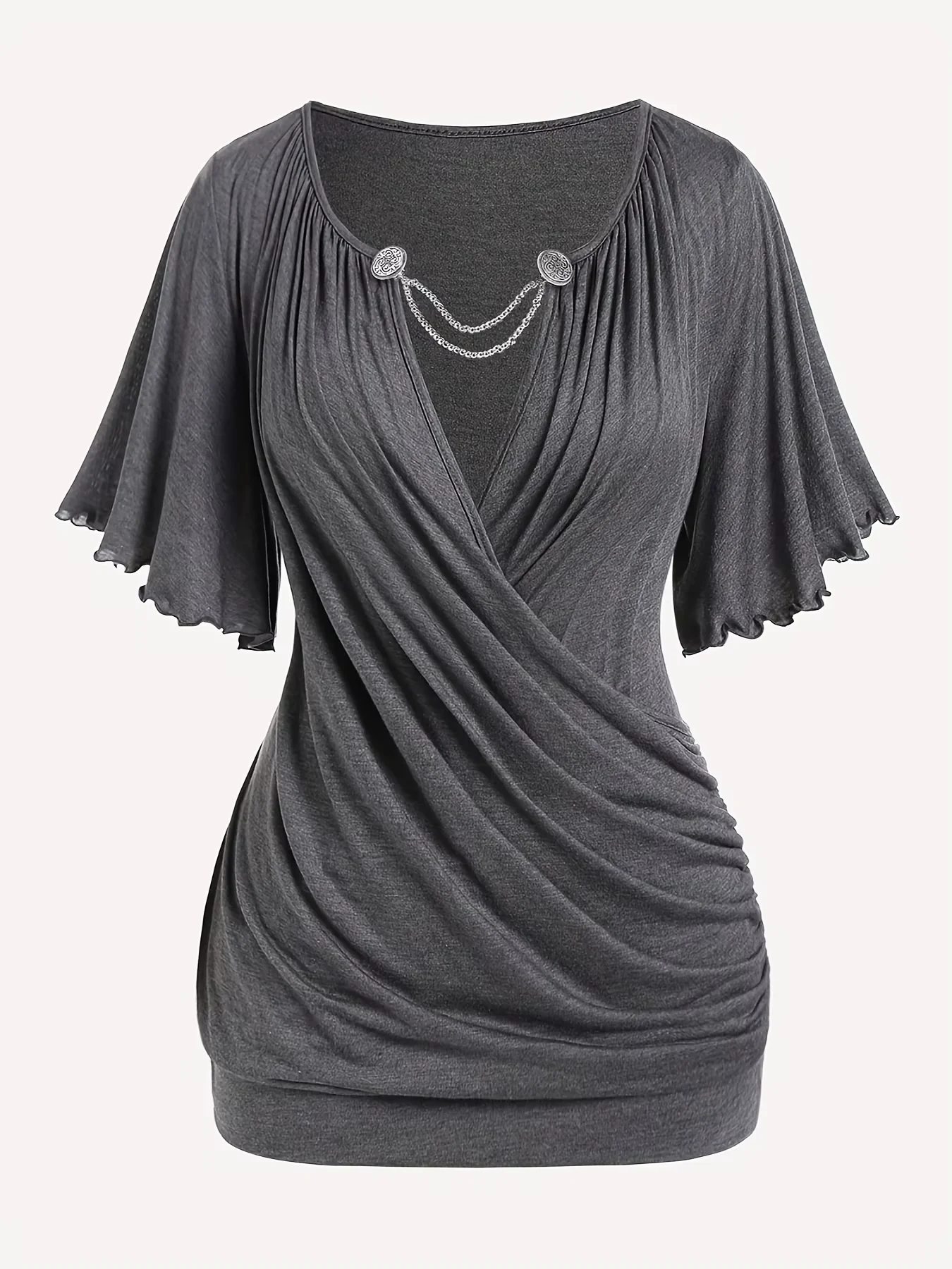 

Fashion Women's Pleated Chain Embellished V-neck plus Size T-shirt Top European American Style Hit