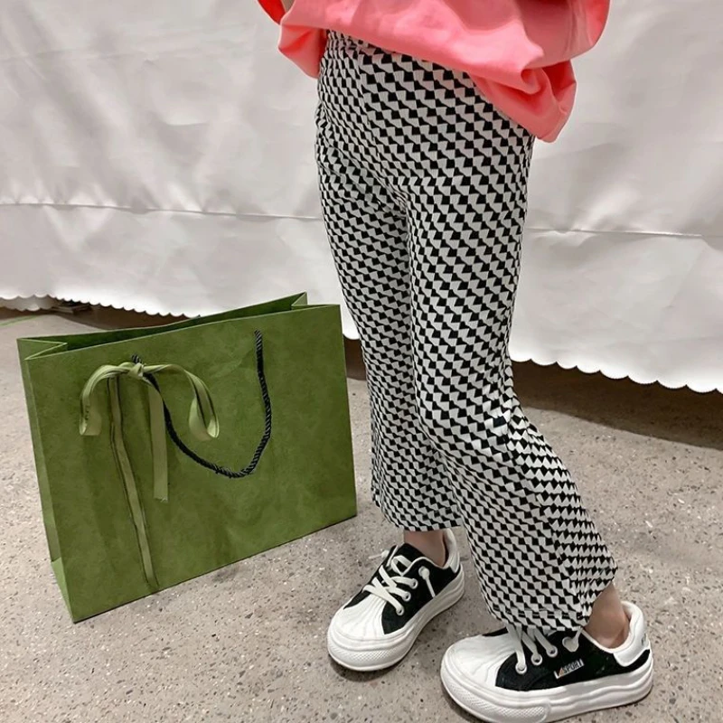 Kids Girls Black White Plaid Pants Spring Autumn Flare Pants Children Casual Elastci Slim Fit Legging Pant Green Cotton Trousers