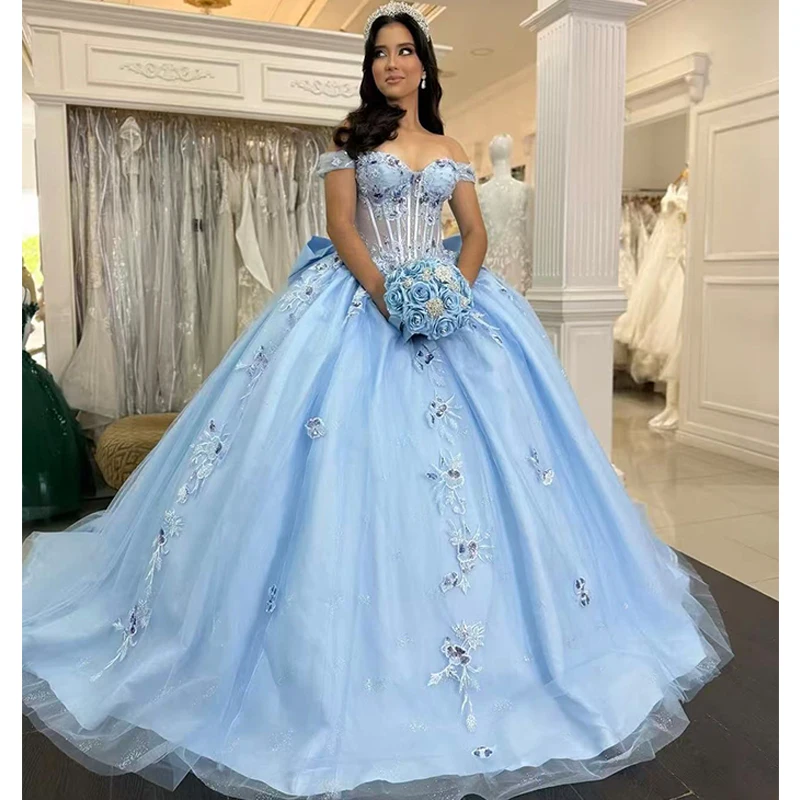 

Baby Blue Quinceneara Dress Embroidered Lace With Princess Ball Gown Sleeveless Boat Neck Customized Vestido De Noche Lace Up