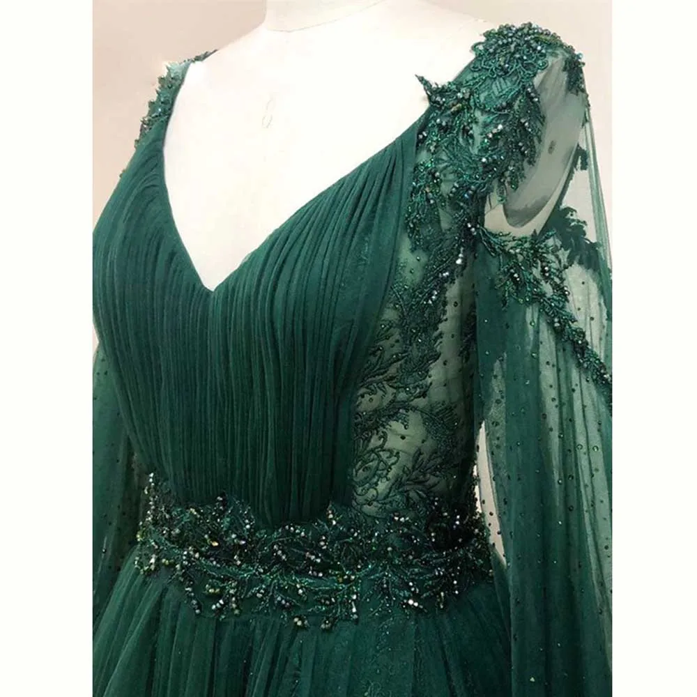 High Quality Green Evening Dresses Luxury 2024 V-Neck Floor Length A-Line Full Sleeves Elegant Fashion Chic Women Prom Gowns