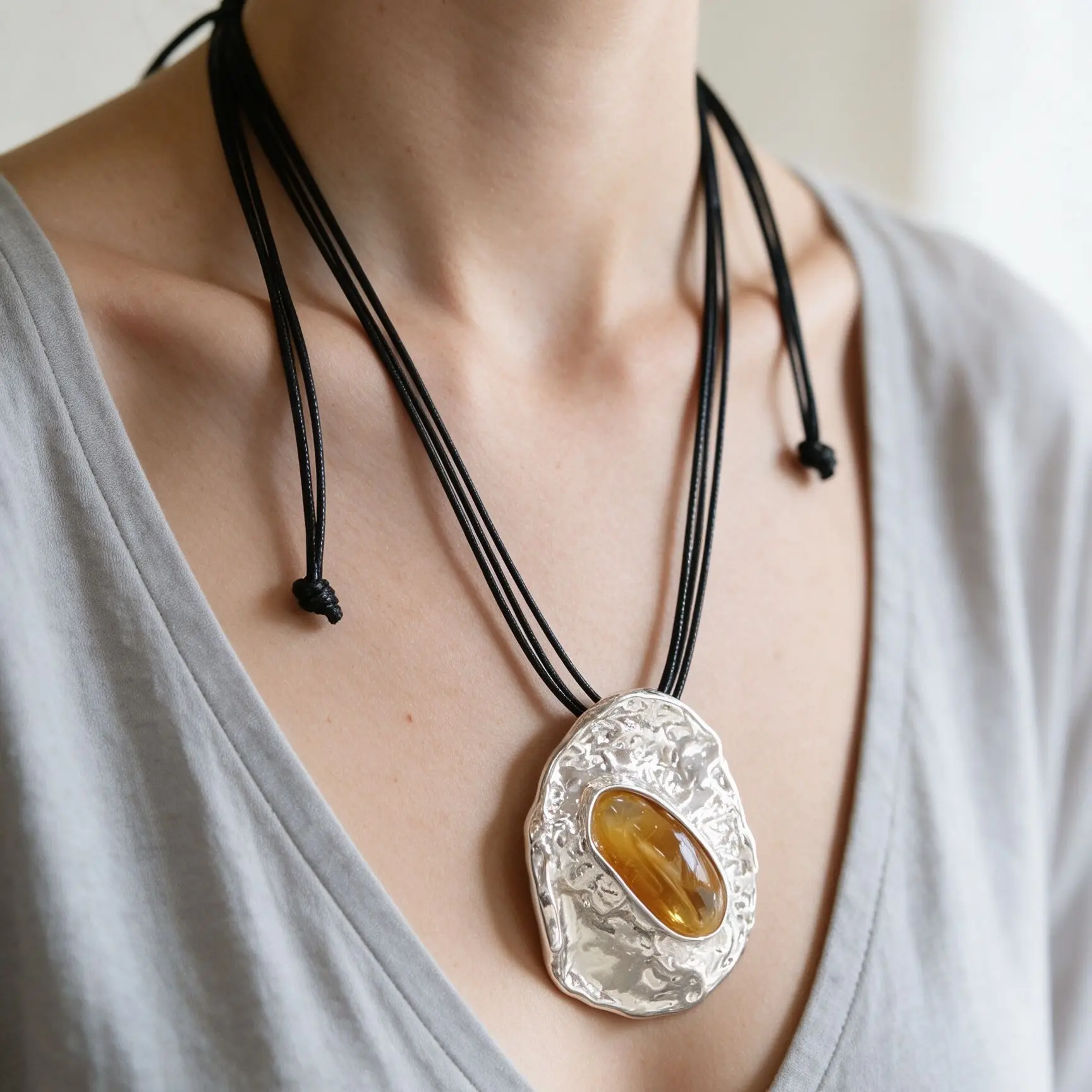 Hammered Irregular Medallion Pendant Corded Strand Long Neckpiece Boho Artistic Gemstone Focal Jewelry Daily Casual Accent Piece