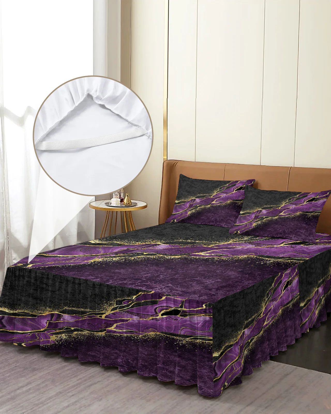 

Abstract Black Marble Purple Malachite Bed Skirt Elastic Fitted Bedspread With Pillowcases Mattress Cover Bedding Set Bed Sheet