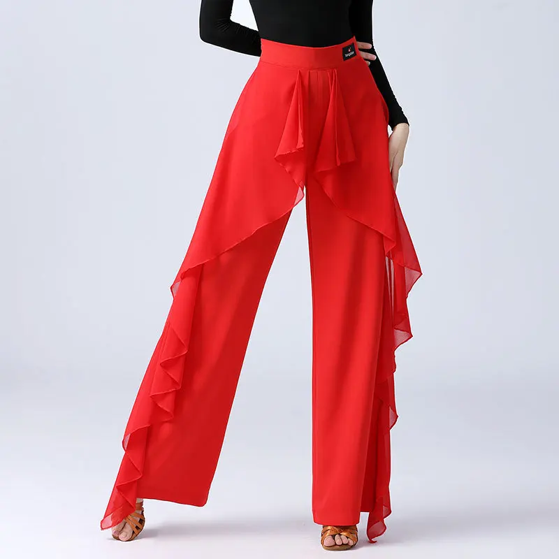 Women Latin Dance Pants Modern Dance High Waist Ruffle Wide Pants Ballroom Tango Samba Trousers Performance Practice Costume