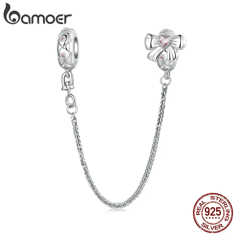 BAMOER Solid 925 Sterling Silver Bow Safety Chain With Silicon fit Original Bracelet DIY Bamoer Charms for Jewelry Making