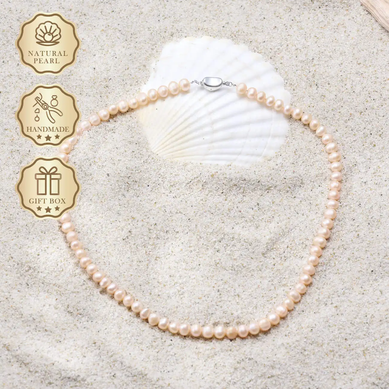 

MYSOYA Pink Freshwater Pearl Necklace 7–8mm with Silver Ingot Clasp, Gift Box, Ideal Birthday & Anniversary Gift