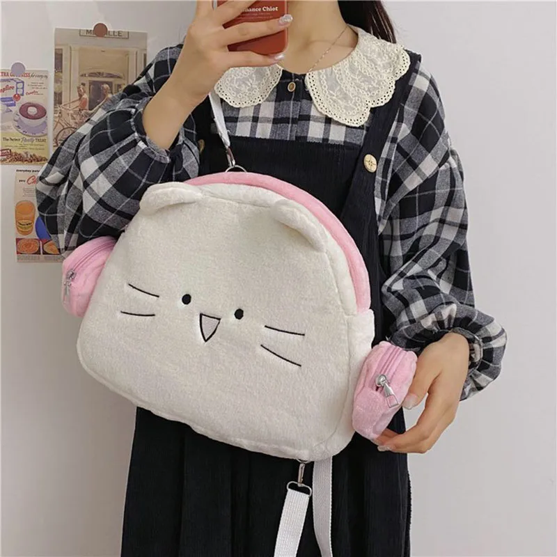 Kawaii Earphone Bunny Backpack For Women White Pink Rabbit Cute Cat Head Shape Schoolbag Portable Large Capacity Travel Knapsack