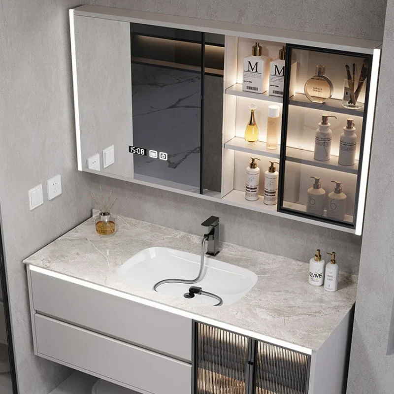 Combinazione di mobili da bagno moderno e minimalista Rock Panel Seamless Splicing Basin bagno lavabo in legno massello Hand Face