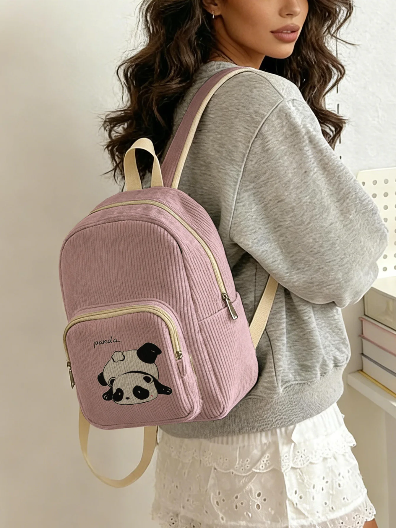 

Cute Lying Panda Print Women Fashion Backpack Corduroy Multi-pocket Large Capacity Commuter Bag
