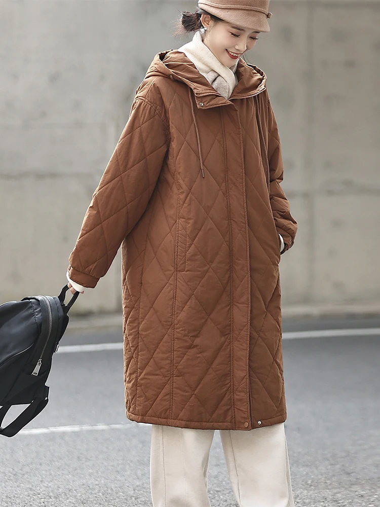 

Loose Fit Pure Cotton Quilted Hooded Jaet Women's Long Over-Knee Cotton Coat Slimming Not Bulky Commute Sle Zipper Closure