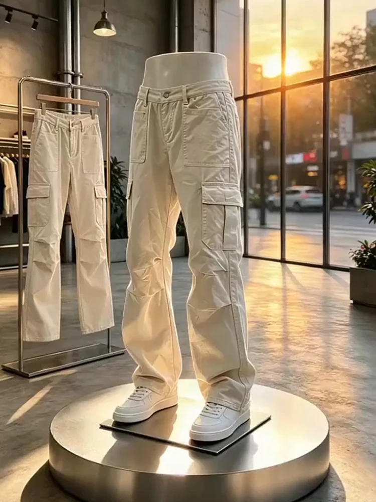 

Retro American Style Men's Work Trousers Summer Pleated Patchwork Straight Leg Casual Loose Fit Cotton Pants