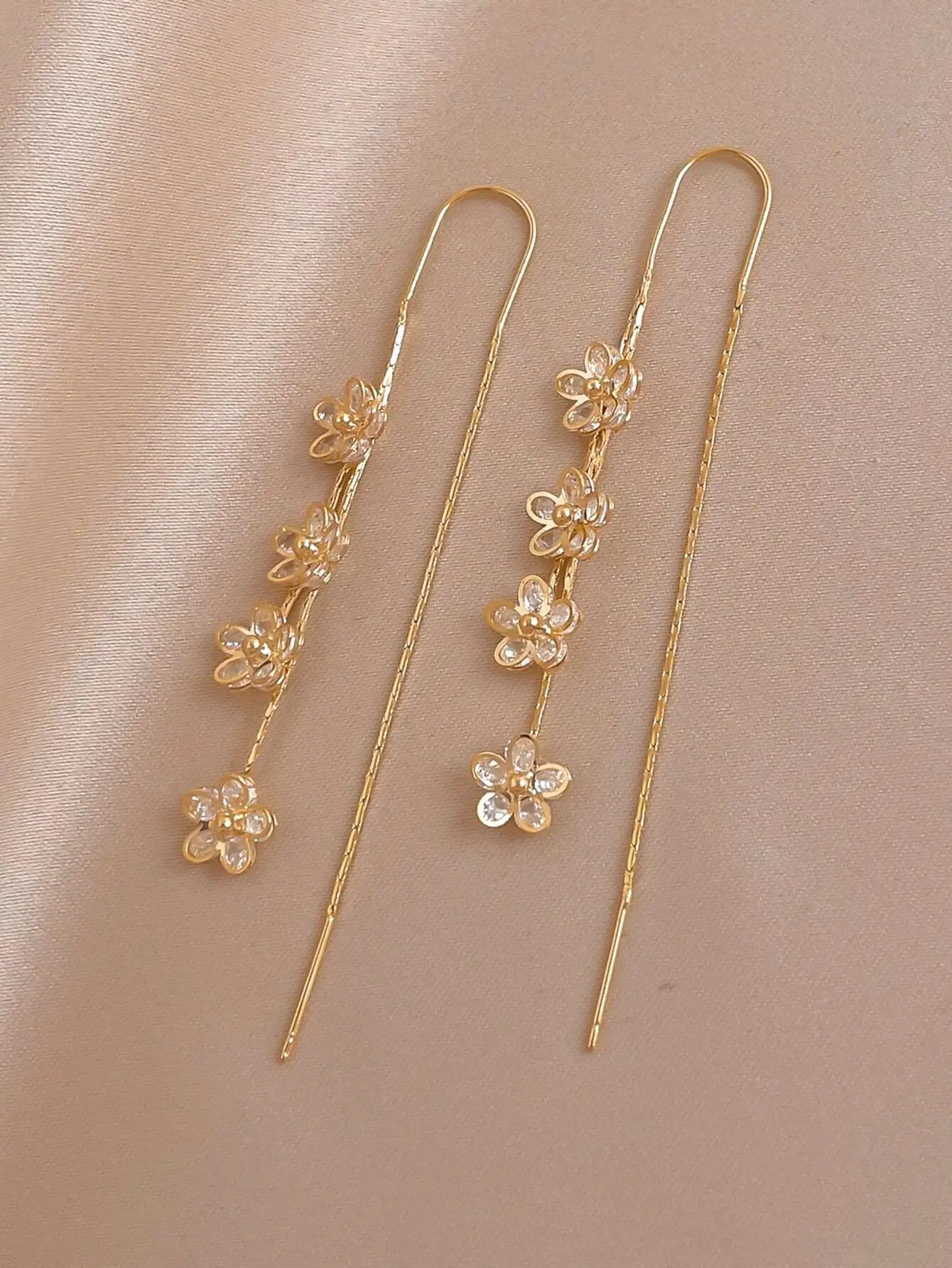 

Gold Flower Threader Earrings with Cubic Zirconia, Delicate Floral Design for Valentine's Day or Mother's Gift