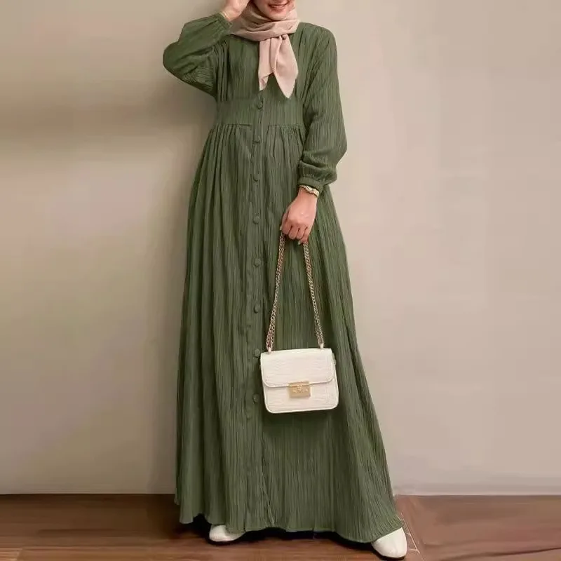 

2024 Muslim Women Vintage Long Sleeve Abaya Dress Solid Color Elegant Robe Spring Autumn