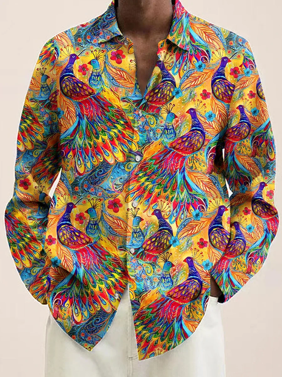 

Men's Peacock Feather Printed Long Sleeve Shirt 2023 Fashion Design Luxury Long Sleeve Tops Mens Four Seasons Button Lapel Shirt