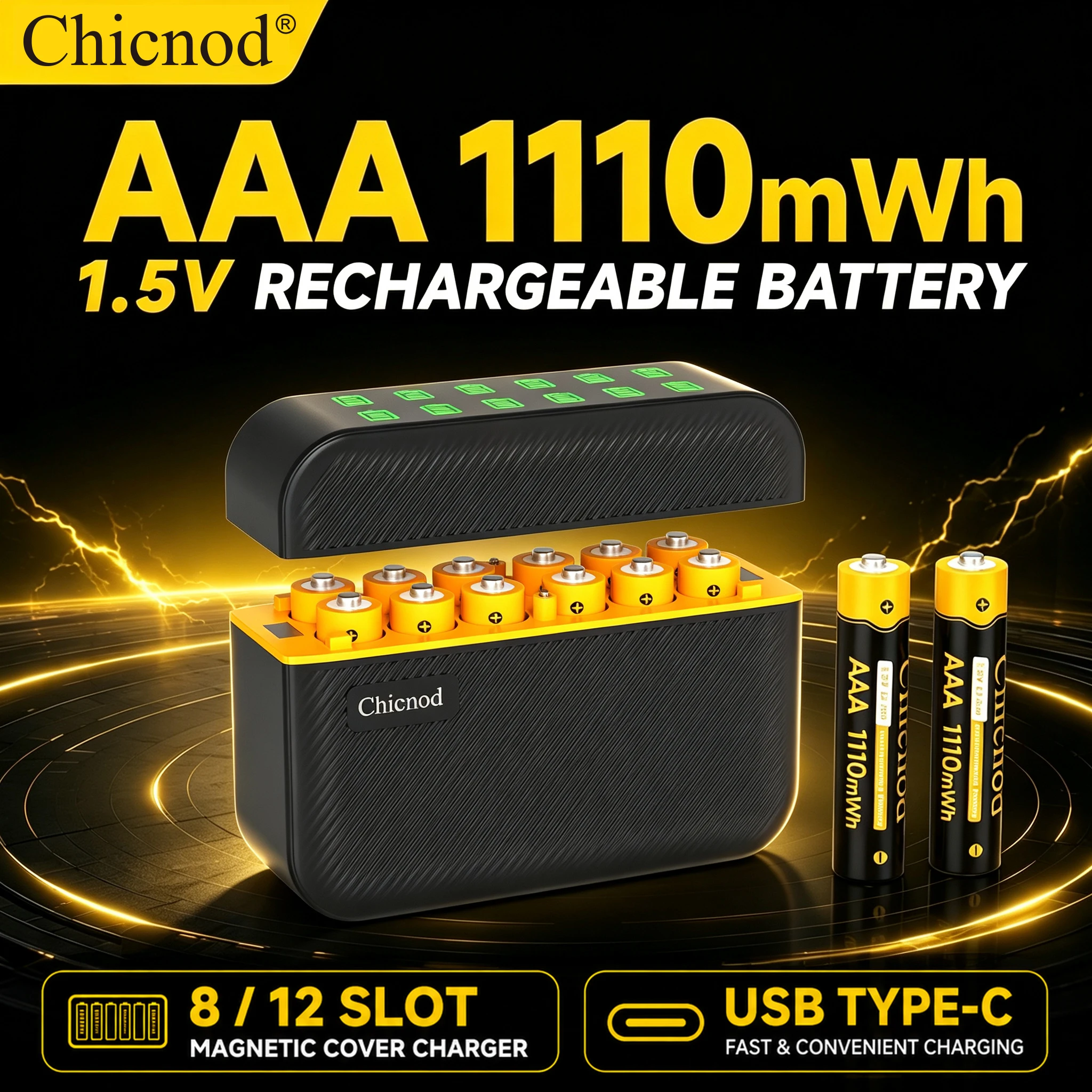 CHICNOD AAA Rechargeable Li-ion Batteries 1.5V 1110mWh USB-C Charging Constant Voltage 8/12 Slot Magnetic Cover Smart Charger