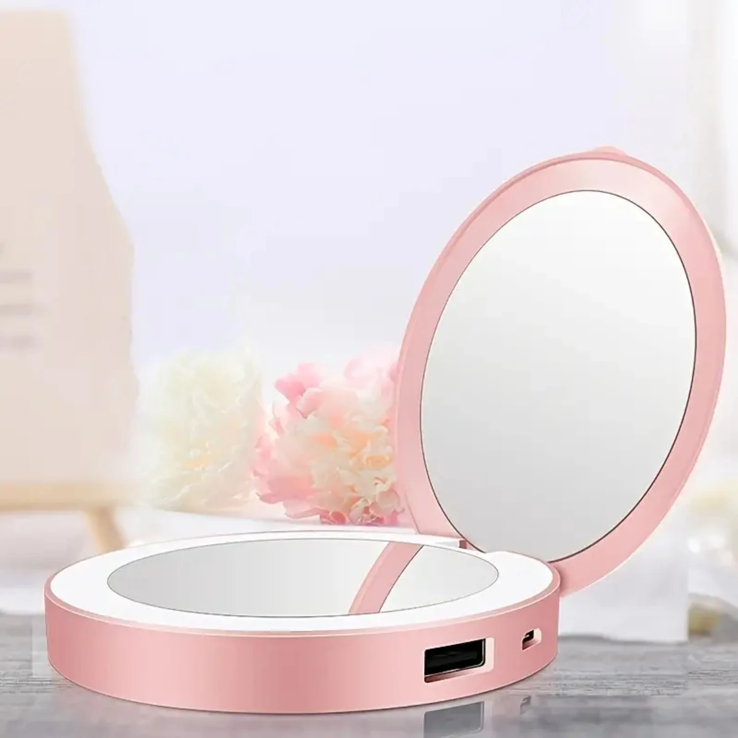 

2-in-1 Mini Folding LED Make-up Mirror 3X Magnifying Mirror Travel Power Bank Pink Espejos para espinillas Blinged mirror Miror