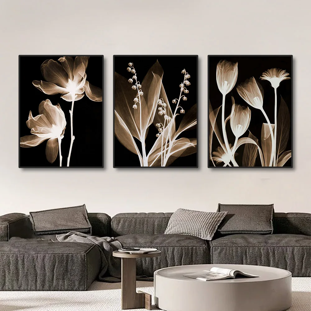 3PCS Frameless Flower Canvas Painting Tulip Posters Abstract Wall Art Black White Still Life Pictures for Home Decor Living Room