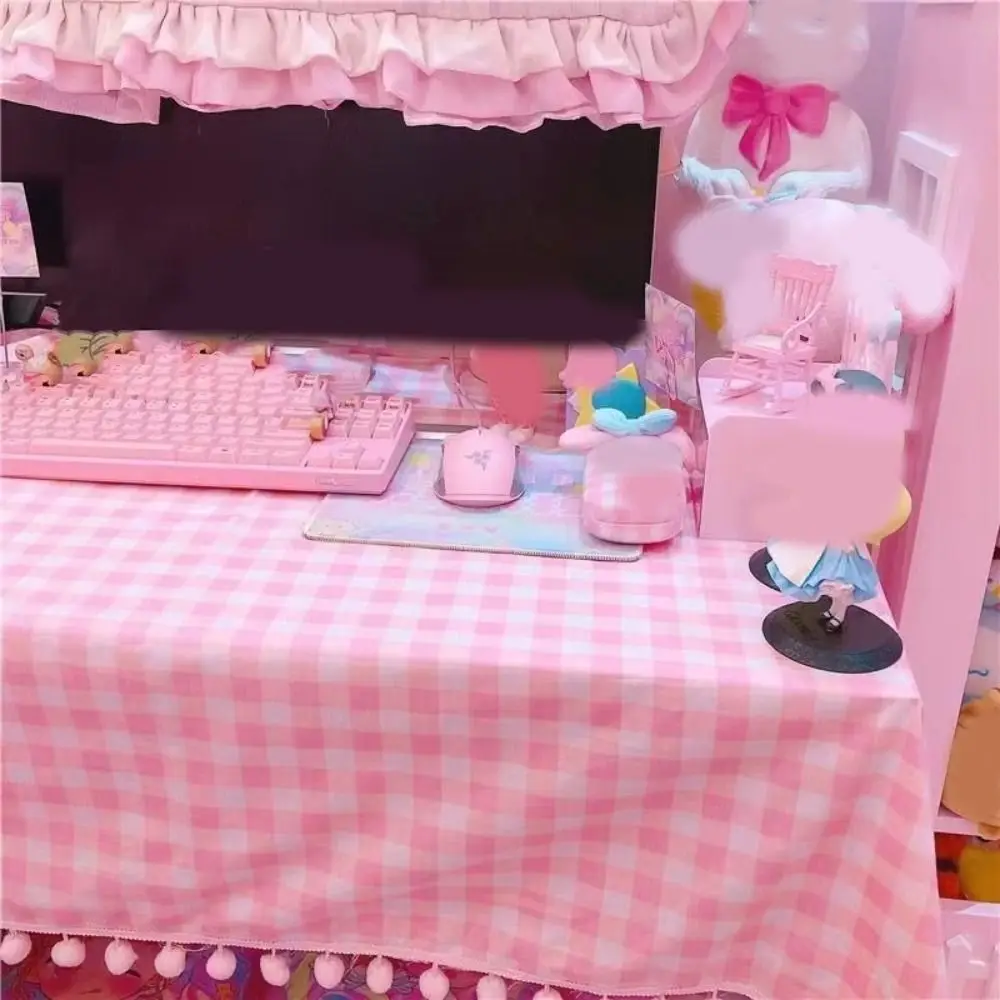 Cute Kawaii Girls Hot Pink Tablecloth Rectangular Cotton Plaid Desk Cloth Wallpaper Mat Room Decoration