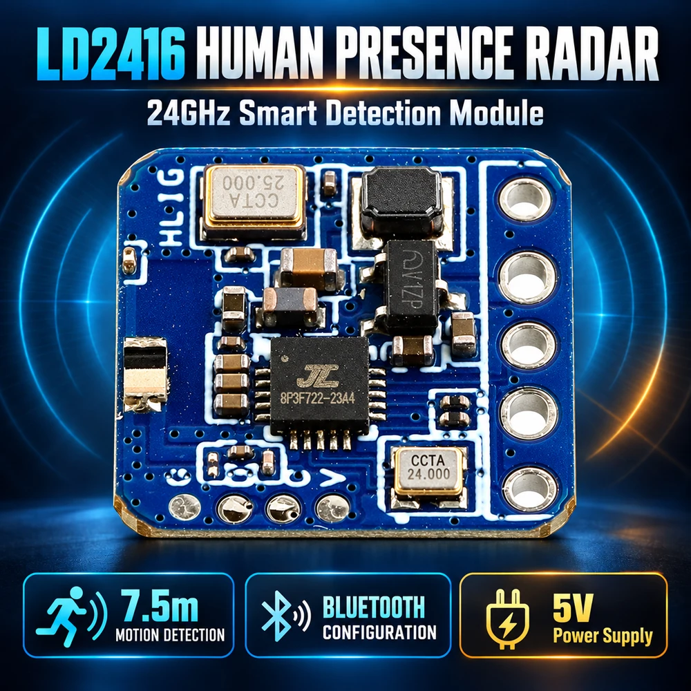 LD2416 Radar BLE Human Presence Sensor Module UART IO Level Output 24GHz ISM Band 7.5m Sensing Distance AIP Chip Antenna 5PIN