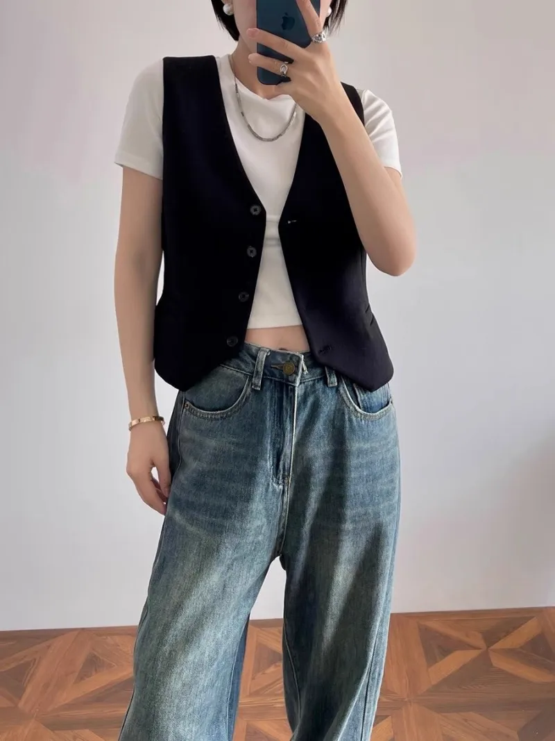 Vintage Autumn New Solid Color Suit Vest Casual Slim Waist Sleeveless Short Jacket Simple Fashion Senior Sense of Women\'s Vest