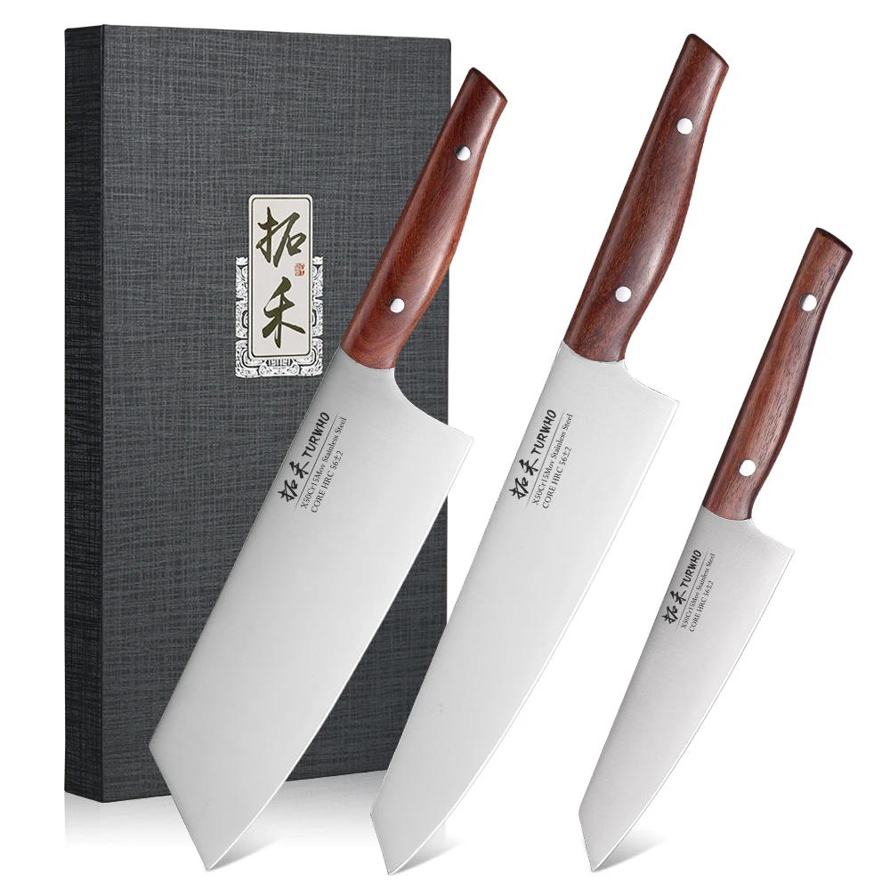 

TURWHO 3-Pieces Professional Kitchen Knives Set Utility Kiritsuke Cleaver X50Cr15MoV Stainless Steel Japanese Chef Cooking Knife
