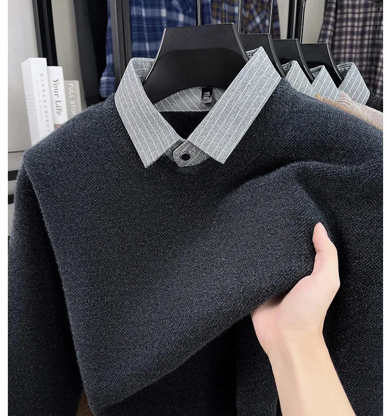 Hochwertiger, warmer Plüsch-Strickpullover für Herren, Herbst-Winter-Komfort, lässige Mode, gefälschter zweiteiliger gestreifter Hemdkragen-Pullover – Detail 7
