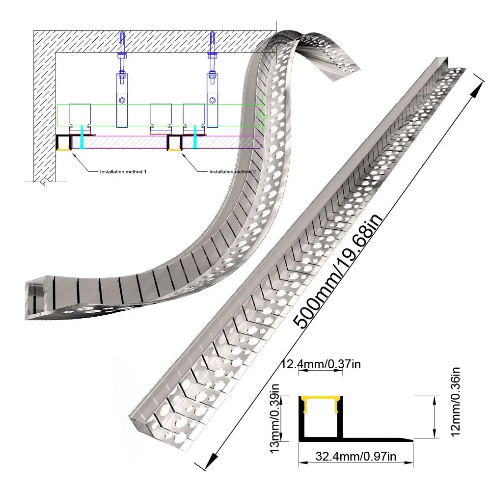 

32×13mm 1pcs 0.5M LED Strip Light Aluminium Profile for Curved Ceiling and Wall Lighting