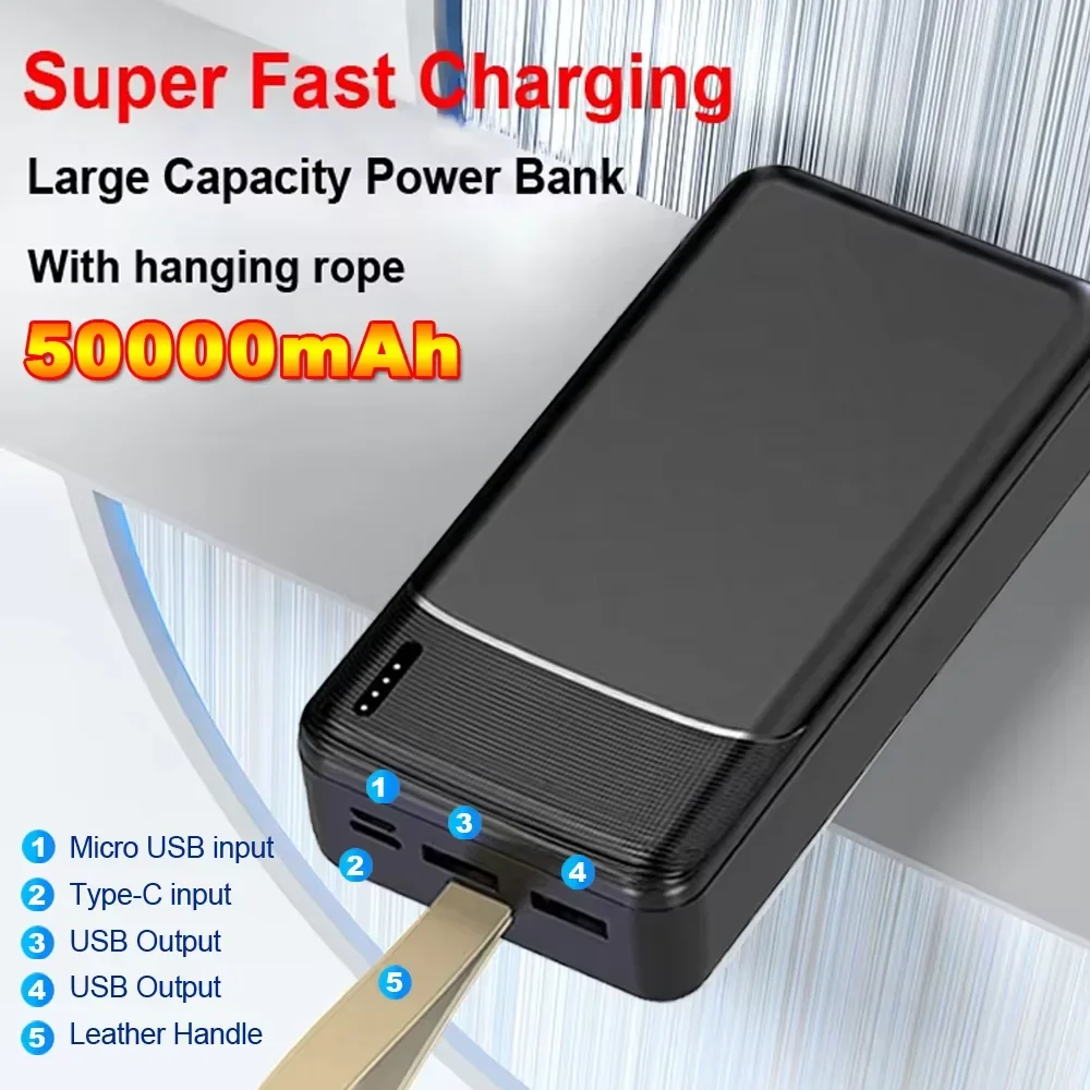 Power Bank Fast Charge 50000mAh Battery USB-C Outputs Dual USB Long-Lasting Battery Leather Handle For Samsung Xiaomi iPhone