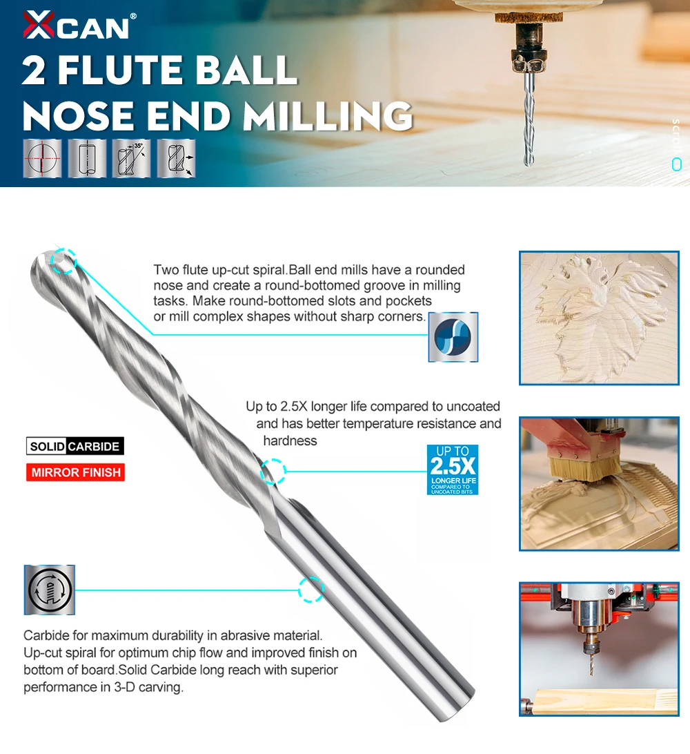 XCAN 3,175 Schaft Ball Nase Fräsen Cutter 0,8-3,175mm Durchmesser CNC Router Bit Hartmetall-schaftfräser für Holzbearbeitung fräsen Werkzeuge – Detail 3
