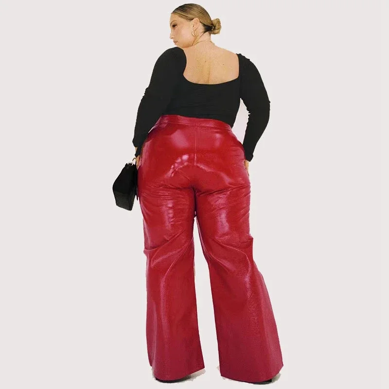 Plus Size Women Shiny Patent Leather Trousers 7XL High Waist Faux Latex Straight Pants 8XL with Pocket Flare Pants 9XL Clubwear