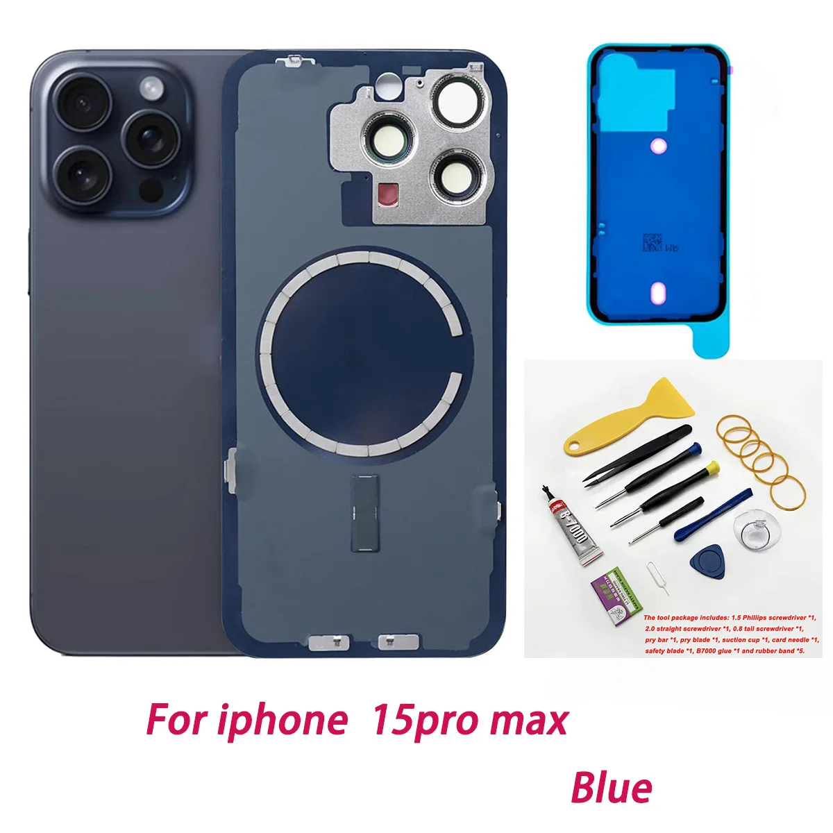 

For iPhone 15pro rear glass replacement, original size with camera lens, magnets + professional repair tool kit