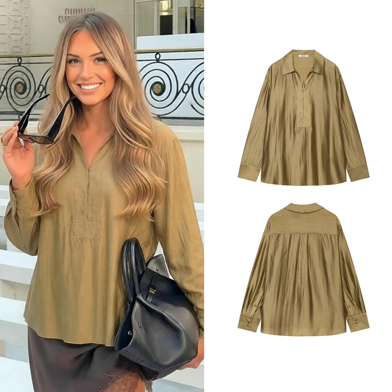 Women Fashion Satin Blouses Spring Autumn Female Lapel Collar Long‑Sleeve Loose Pullover Shirt Lady Daily OL Elegant Blouses Top