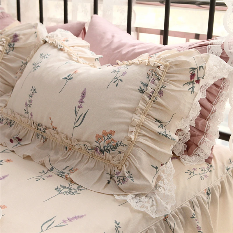 Pure Cotton Pillowcase Pair of Floral Pastoral Pillow Case Lace Decorative Bedding Couple Pillowcase Retro Flower Cushion Cover