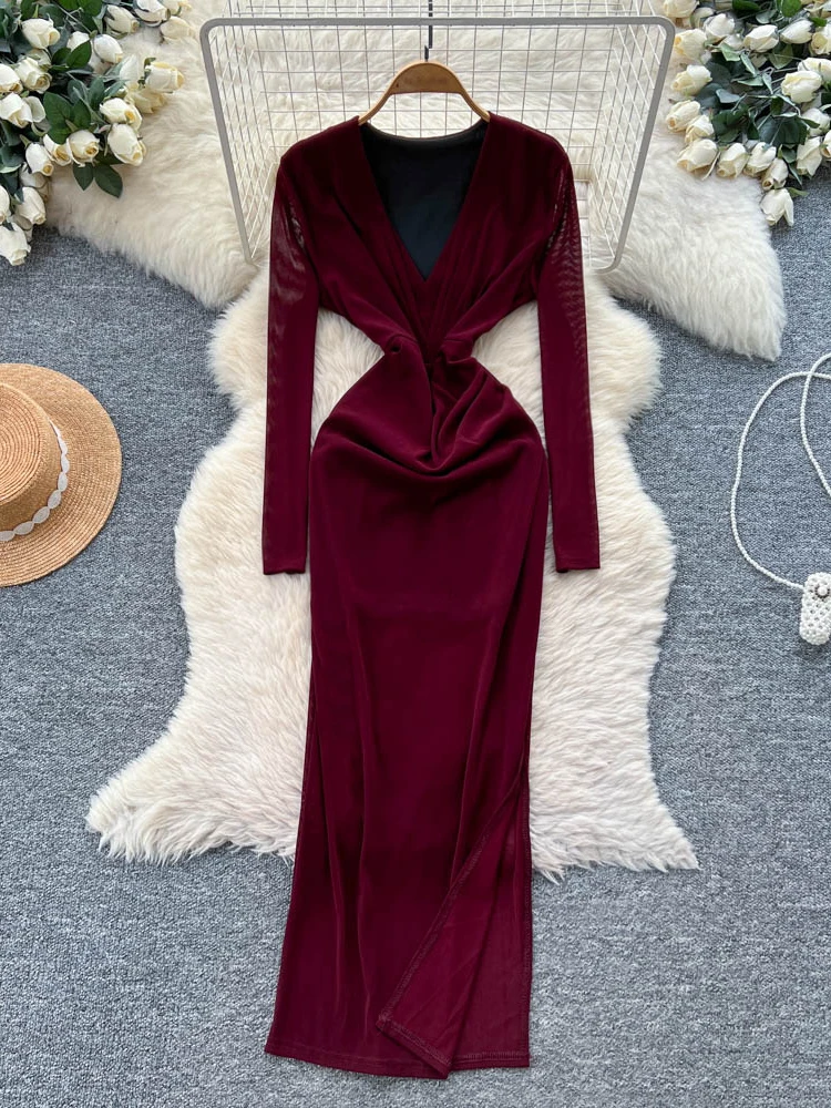 セクシーなVネックロングスリーブ、女性用デザイン、ハイウエストボディコンスカート、通勤用Aラインシルエット、ポリエステル繊維