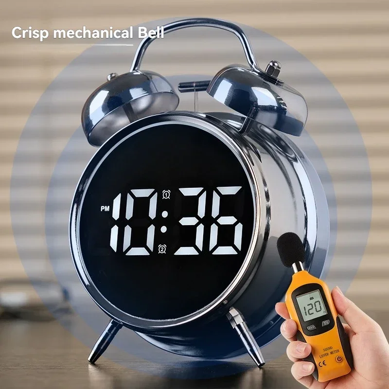 Multifunctional Extra Large Metal Alarm Clock with LED Screen Plug-In Children's Clock for Heavy Sleepers