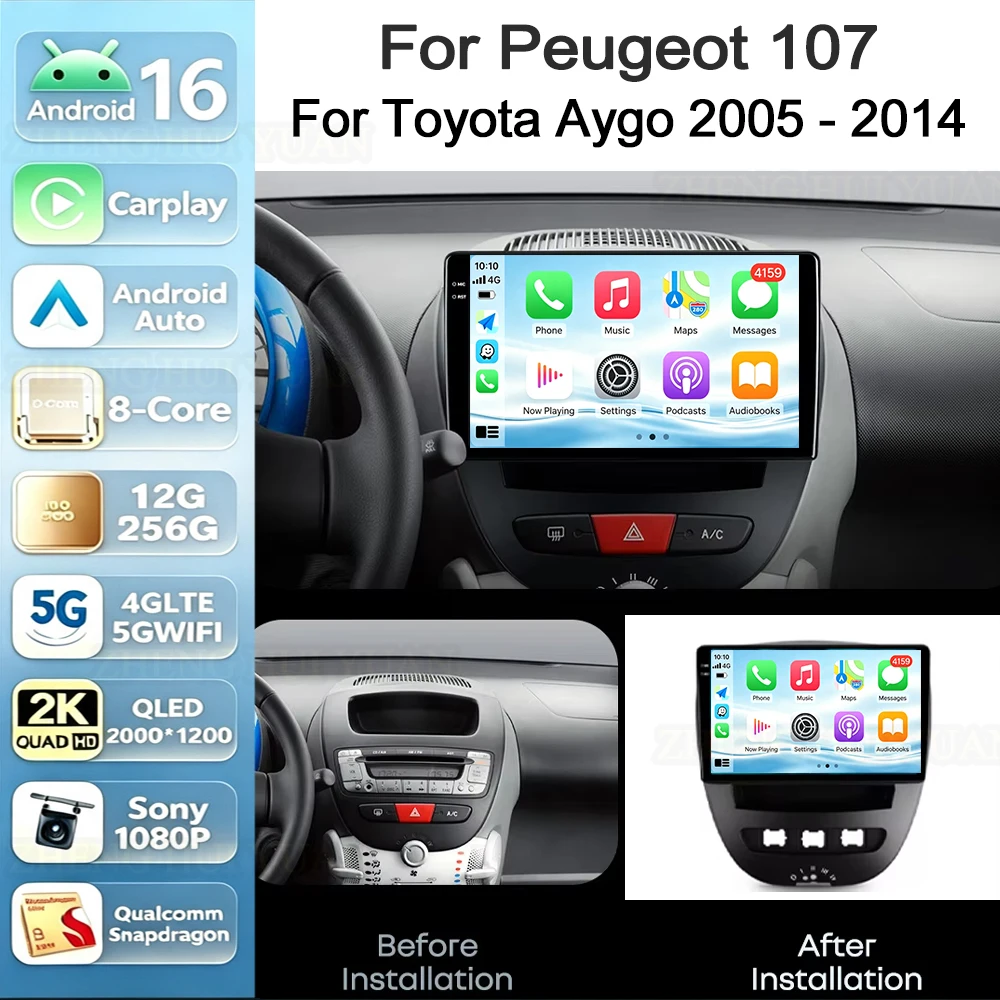 For Peugeot 107 Toyota Aygo Citroen C1 2005-2014 Android 16 Car Radio Multimedia Player Android Auto Carplay Head Unit Navigatio