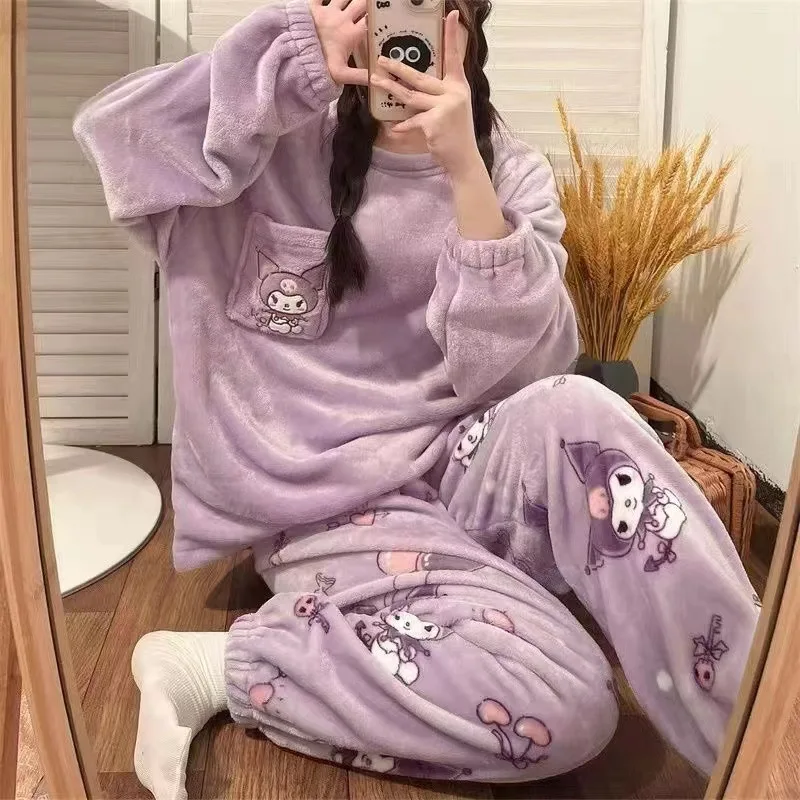 

Kawaii Kuromi пижамы Hello Kitty, зимняя одежда для отдыха с длинными рукавами для девочек My Melody, теплая одежда для сна для маленьких девочек, комплект домашней одежды