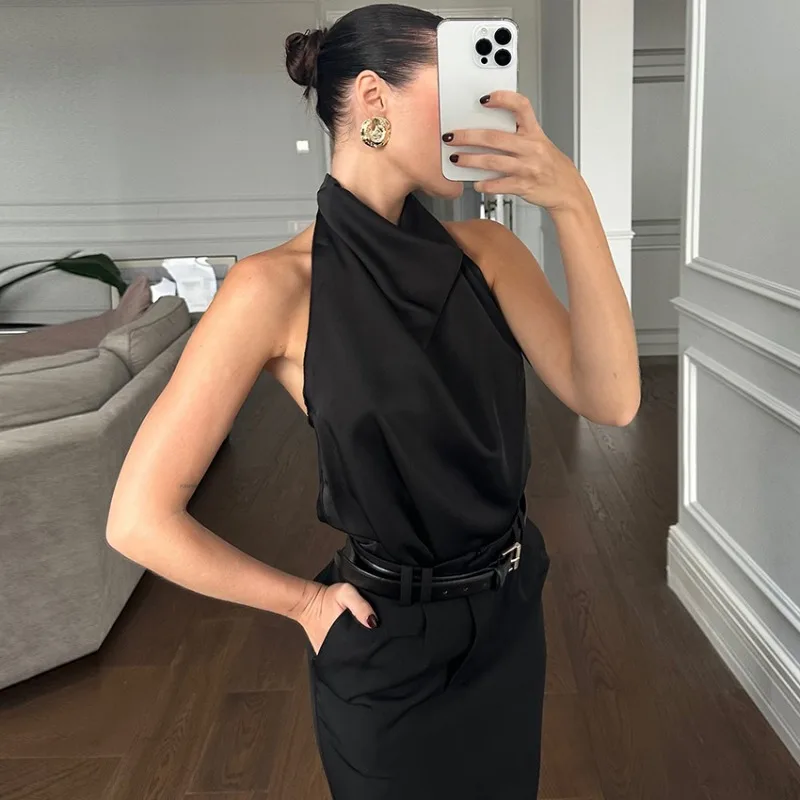 Women Spring Summer New Hot Selling Satin Halter Neck Slim Fit Tank Top Elegant Commute Versatile Trendy Chic Daily Hit Top Best