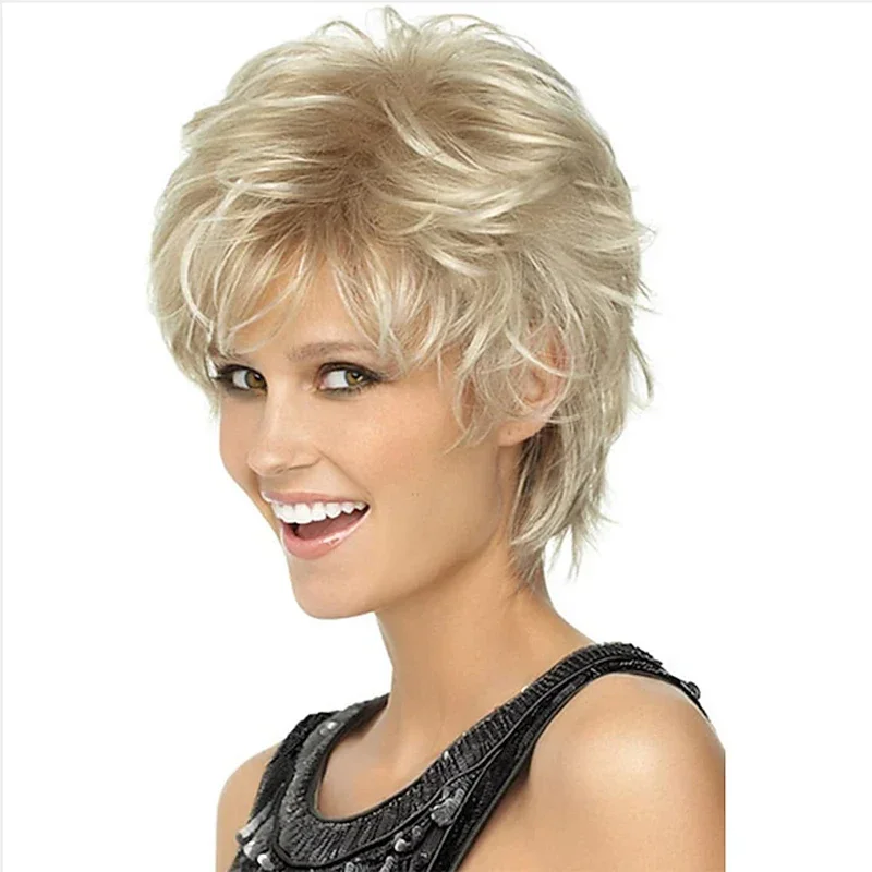 

Short Curly Blonde Wigs Pixie Cut Wig for Women Synthetic Hair Wig with Bangs