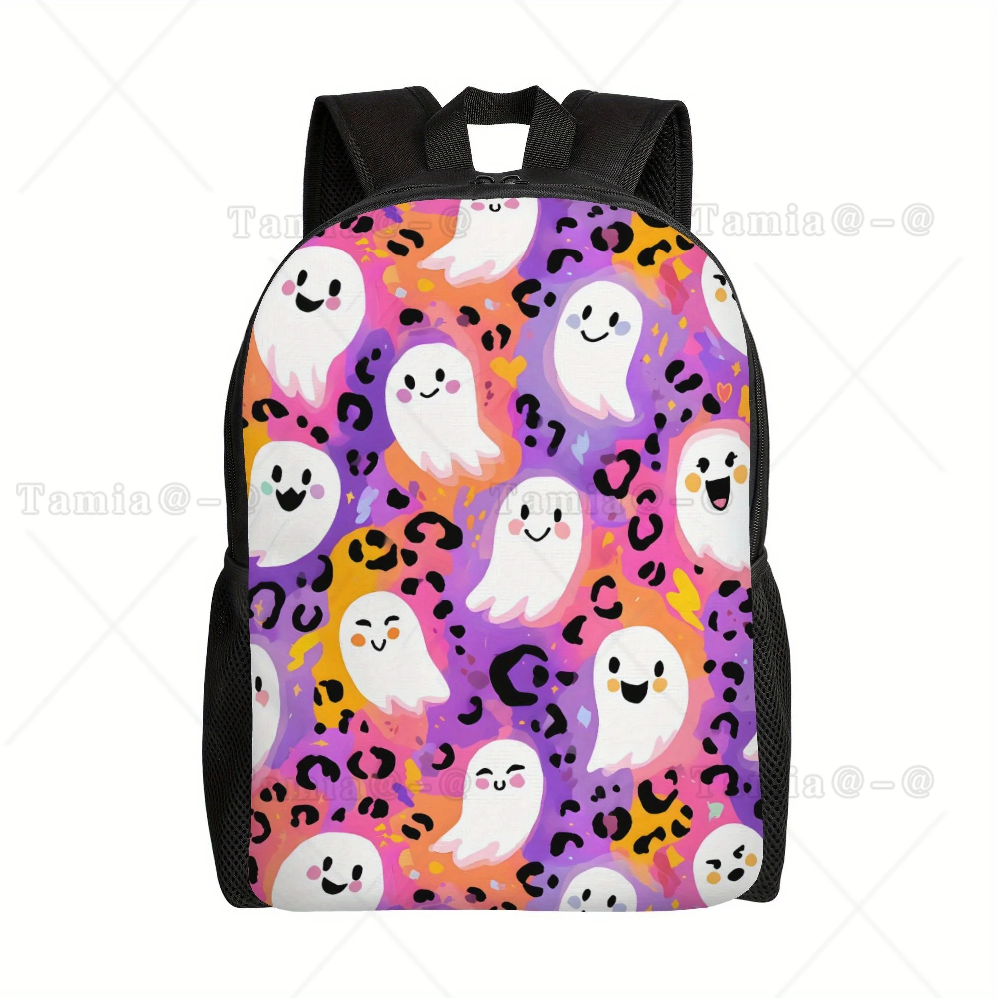 Cute Cartoon Ghost Leopard Print Backpack, Colorful Halloween Casual School Backpack
