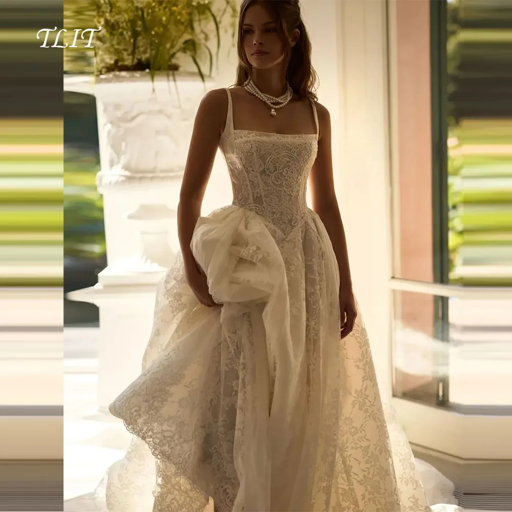 TLIT Luxurious Ivory Lace A-Line Wedding Dresses Customized Square Collar فساتين زفاف Spaghetti Strap Bridal Gowns