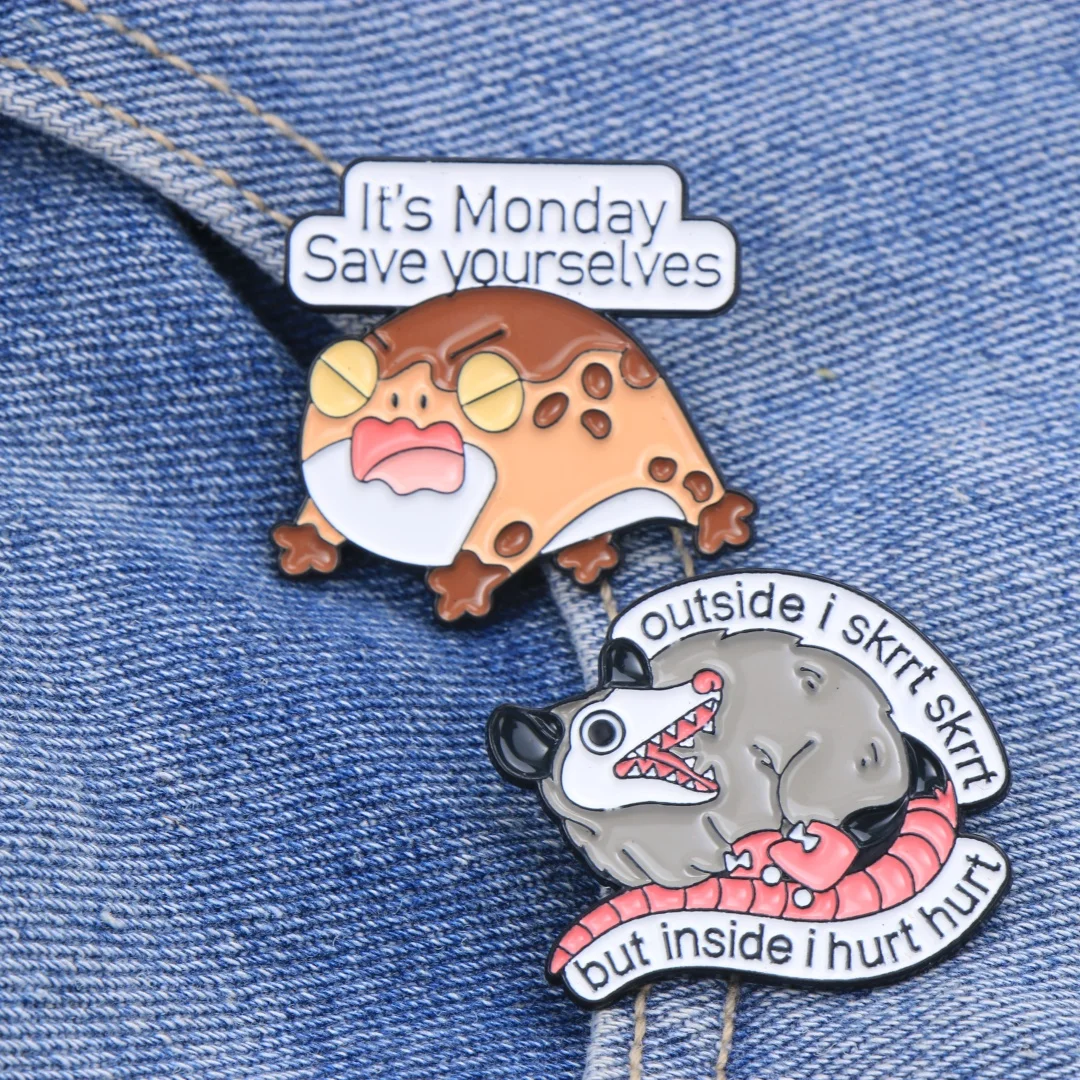 Funny Monday Mood Animal Enamel Lapel Pin Set Grumpy Frog Opossum Meme Metal Badge Backpack Clothes Decor Brooch Humor Gift