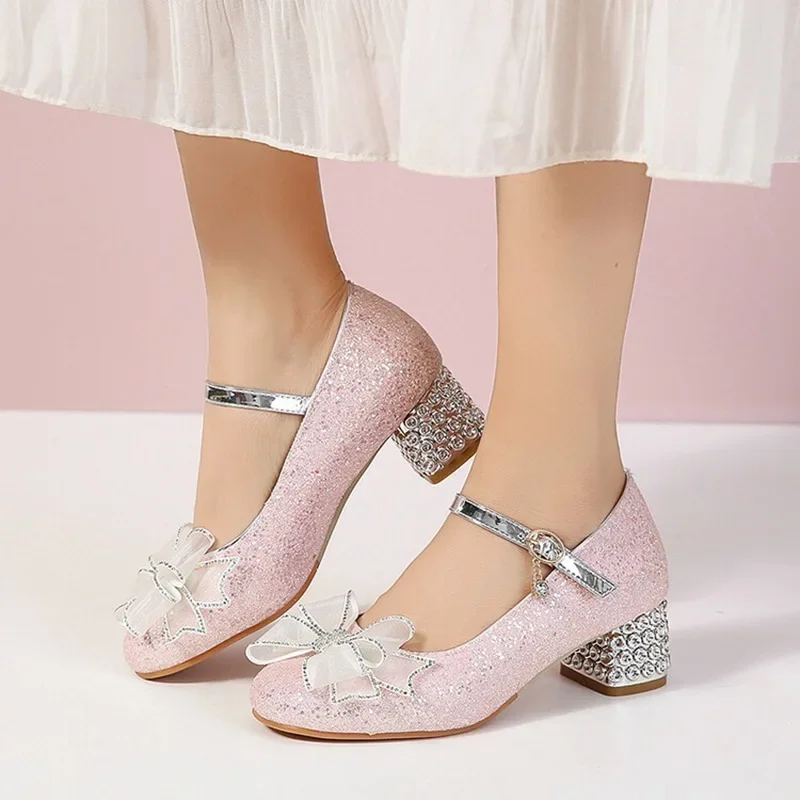 2024 Women Pumps Mary Janes Buckle Bow Silver Gold Sequins 5cm Block Heel Glitter Sweet Wedding Shoes Big Small Size 43